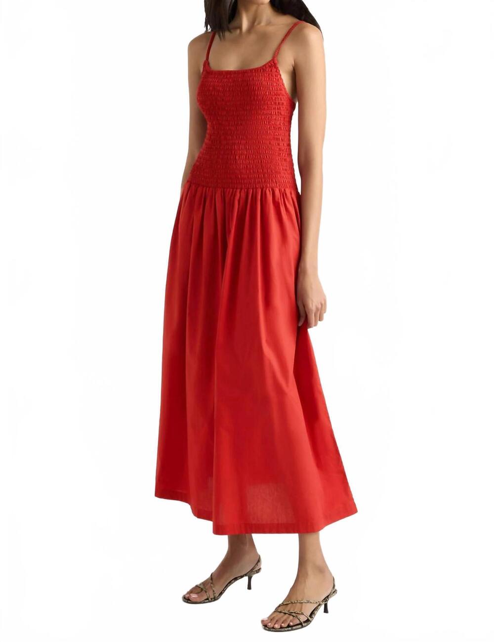 NEW MODERN CITIZEN venus smocked organic cotton midi dress in tomato